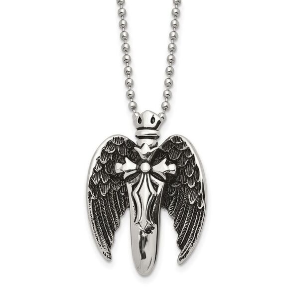 Men's Stainless Steel Antiqued Winged Sword Necklace, 22 Inch - Picture 1 of 6